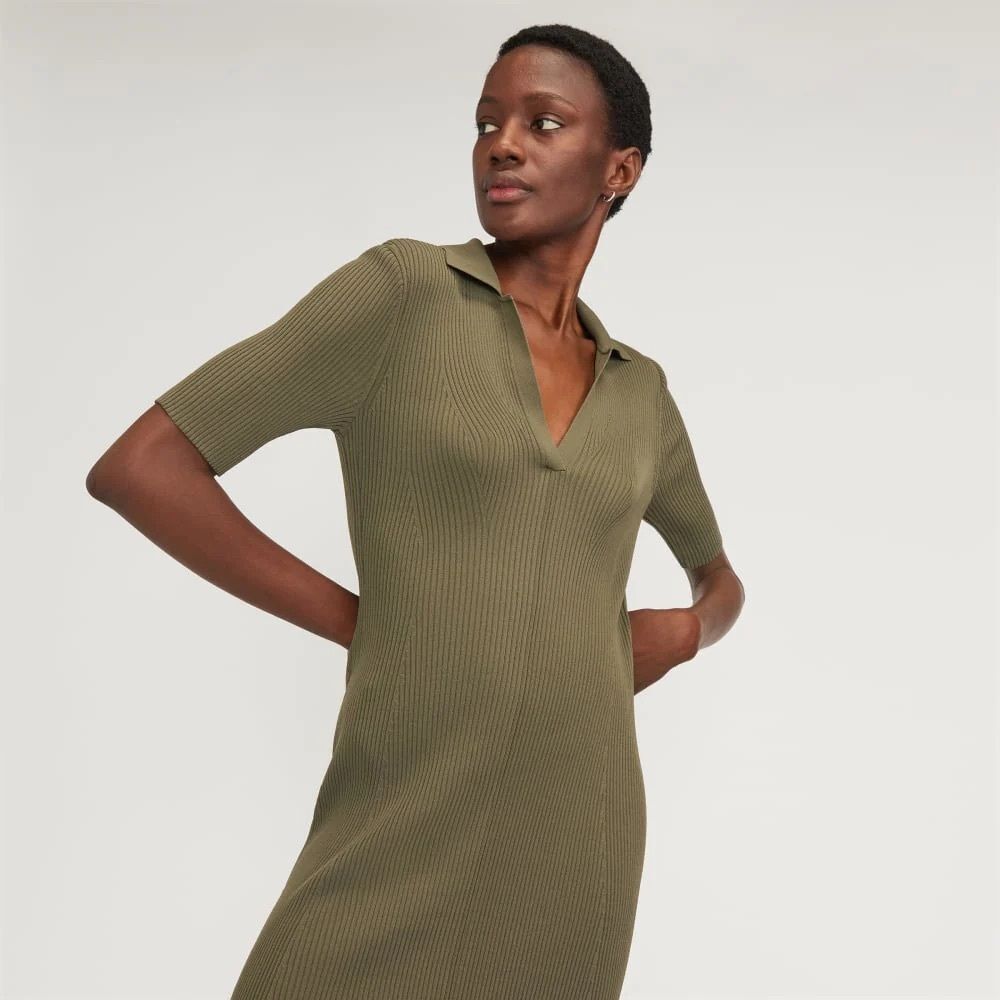 Everlane The Viscose Ribbed Knit Polo Short Sleeve Dress in Olive | Size Large